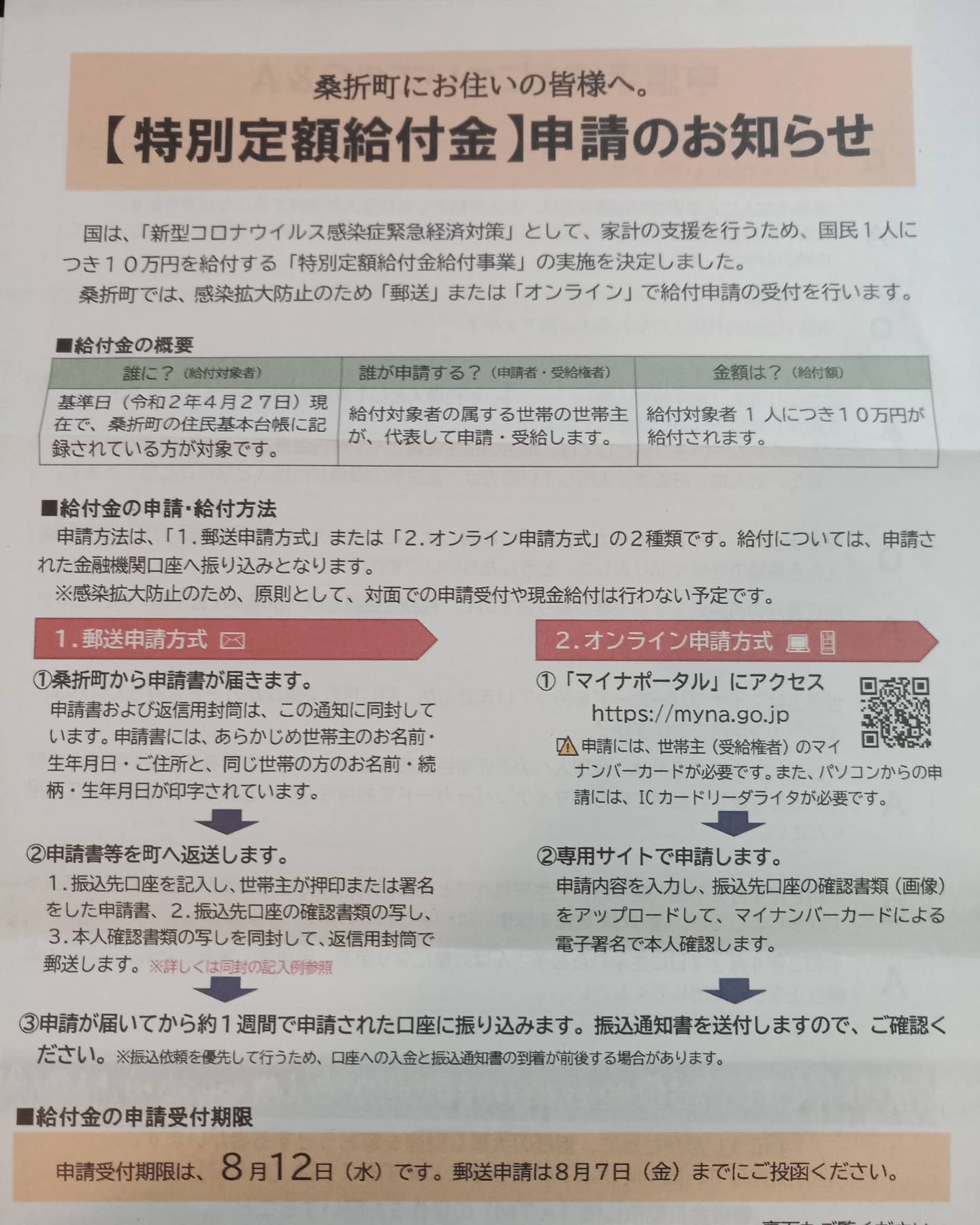 【特別定額給付金について】今週より、役場から給付金申請のご案内のお手紙がお手元に配送されていると思います。ご不明な点は、024-582-2112（桑折町専用電話）まで、お問い合わせください。