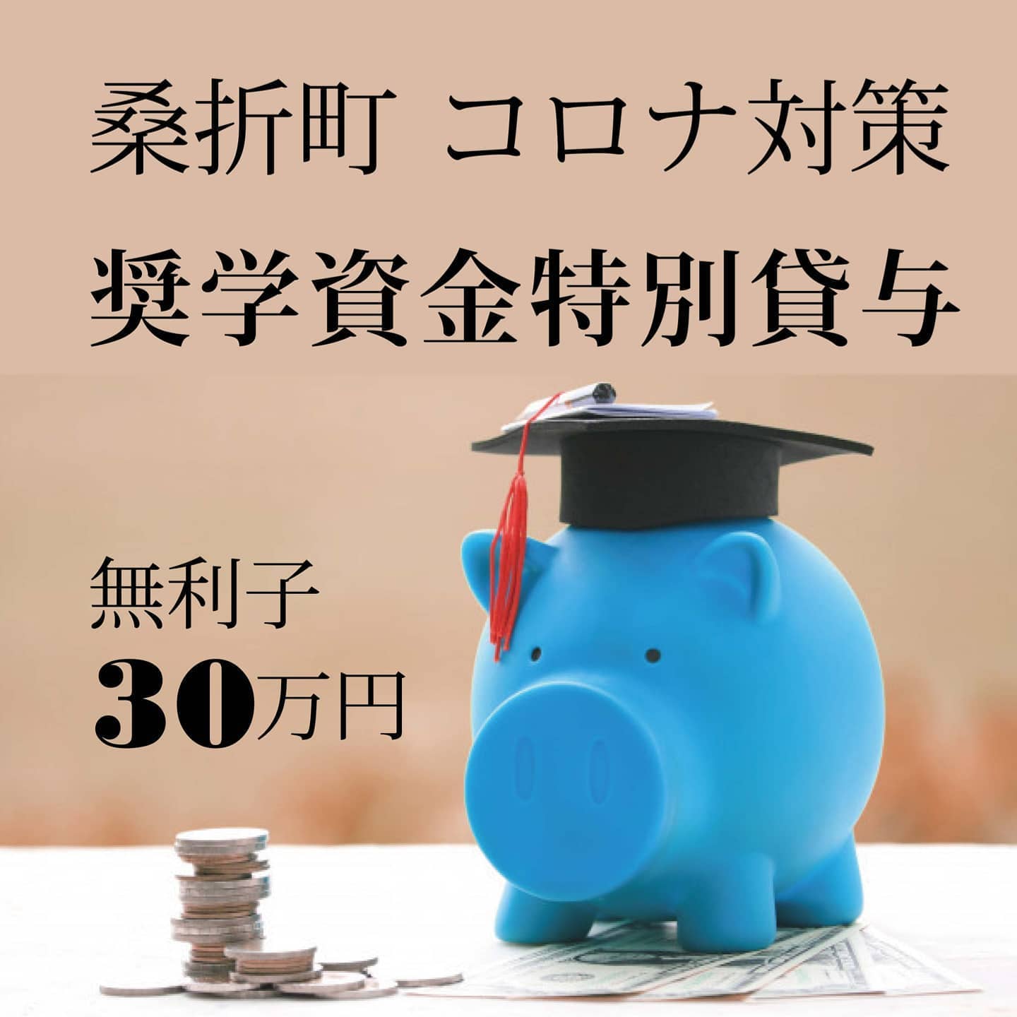 【町独自の支援】コロナ感染症による奨学資金特別貸与です。無利子で最大30万円です。詳しくは、教育委員会　こども教育課まで　